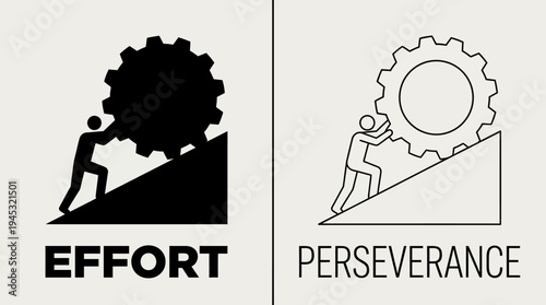 Minimalist uphill gear icons, solid and outline styles, symbolizing effort and perseverance, determination, resilience, motivation, and sustained struggle.