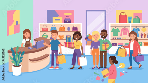 Diverse group of people shopping in a vibrant retail store with a cashier at the counter.