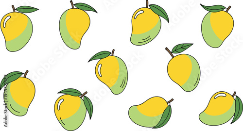 Mango fruit vector illustration set with ripe yellow and green mangoes and leaves, tropical fresh fruit collection for healthy food and summer design
