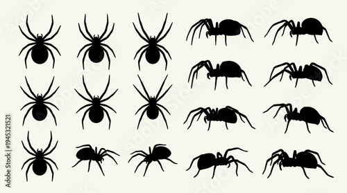 Collection of black spider silhouettes in various poses and angles, perfect for Halloween or nature-themed designs.