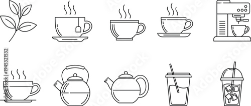Coffee and tea line icon set with cup, teapot, espresso machine and iced drink symbols for cafe menu beverage outline collection