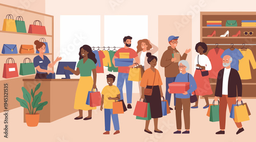 A diverse group of people shopping in a busy retail store with a cashier, clothing racks, and shelves filled with various products.