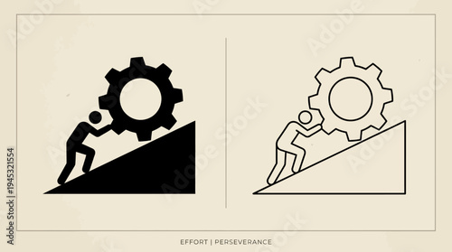 Minimalist icons of figure pushing gear uphill, solid and outline styles, symbolizing effort, perseverance, struggle, determination, and resilience.