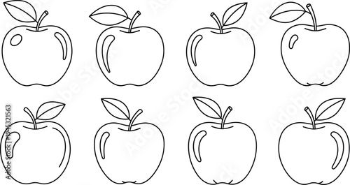 Apple outline icon set with different apple shapes and leaf variations, simple fruit line illustration collection for healthy food and organic design