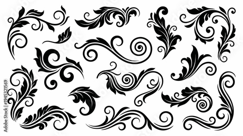 Φωτογραφία A collection of elegant black floral and scrollwork design elements, featuring ornate swirling patterns and decorative leaves, perfect for classic and vintage-inspired projects