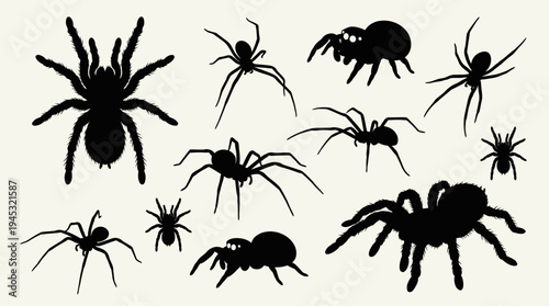 Collection of black spider silhouettes in various sizes and poses against a light background.