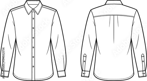 Front and back view of long-sleeved button-up dress shirt with collar and cuffs