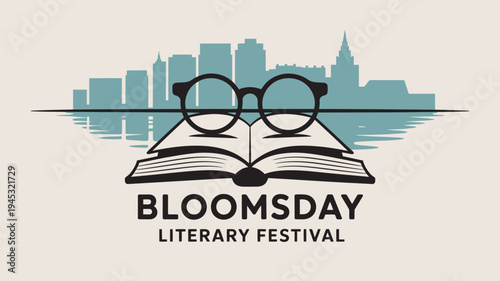A logo for the Bloomsday Literary Festival featuring an open book with glasses and a city skyline