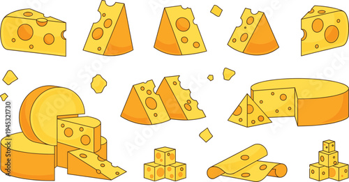 Cheese slices and cheese wheel vector illustration set with Swiss cheese pieces, holes texture dairy food collection in flat cartoon style