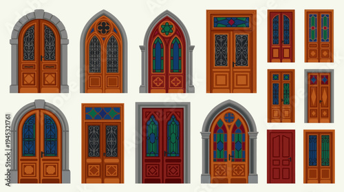 Collection of ornate and antique doors with various designs, including arched, gothic, and stained glass styles, suitable for architectural themes.