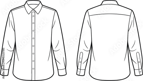 Front and back view of men's long sleeve collared button-up shirt flat sketch