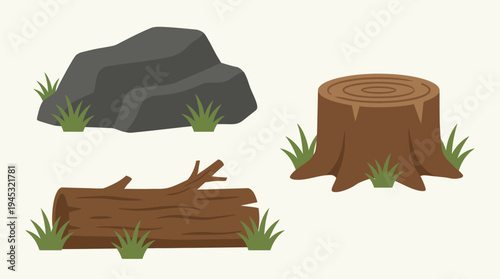Illustration of natural outdoor elements including a large grey rock, a brown tree stump, and a fallen log with green grass patches.