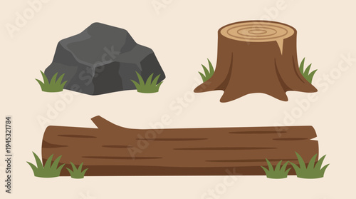 Illustration of natural elements: a dark grey rock, a brown tree stump, and a long wooden log, all surrounded by green grass.