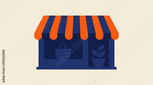 A minimalist graphic illustration of a small business storefront with a striped awning, showcasing a shopping bag and a potted plant in the window.