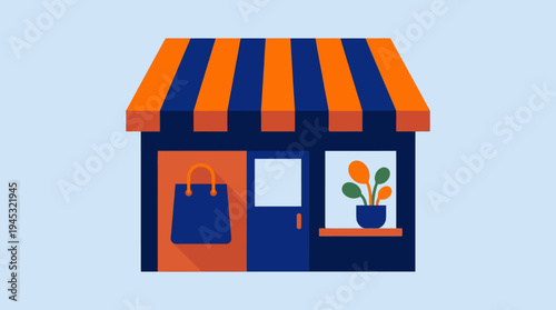 A flat design illustration of a small blue storefront with an orange and blue striped awning, featuring a shopping bag icon and a potted plant in the window.