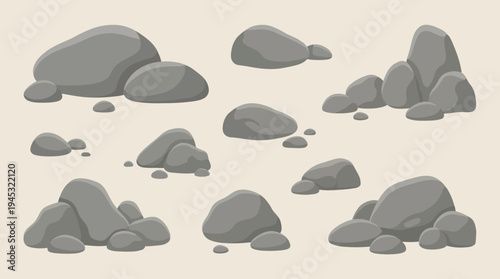 Collection of various grey cartoon rocks and pebbles in different shapes and sizes, isolated on a light background.