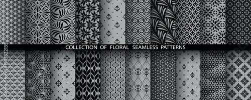 Geometric floral set of seamless patterns. Gray and black vector backgrounds. Damask graphic ornaments