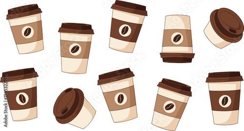 Disposable coffee cup vector illustration set with takeaway hot drink cups and lids, cafe beverage icons collection for coffee shop and menu design