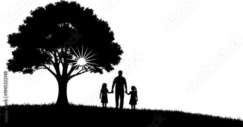 Happy Family Walking Together Silhouette - Parents and Children Holding Hands Outdoors Vector