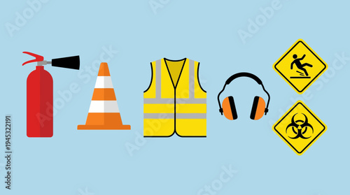 Collection of essential safety equipment and warning signs for workplace and public safety.