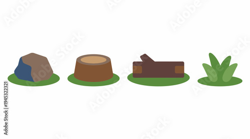 Simple flat design illustration of natural elements including a rock, tree stump, log, and green bush on white background.