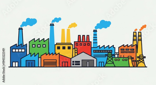 Colorful factory buildings with smoke stacks emitting colorful fumes.