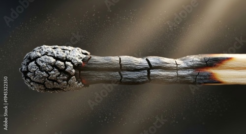 Extreme macro of burnt matchstick with detailed charcoal texture and ash, concept of burnout and fragility on dark background. AI generated.
