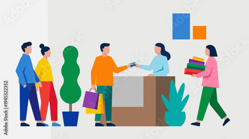 A vibrant flat design illustration showing customers at a retail checkout counter, with one person paying by card and another employee carrying stacked items, alongside business data graphs.