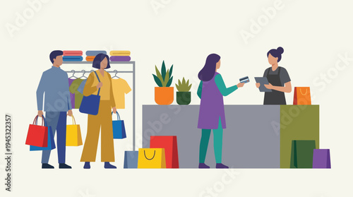 Customers waiting in line and paying at a retail store checkout counter with shopping bags.