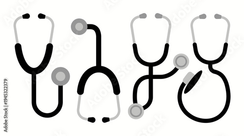 Four stylized black and white illustrations of stethoscopes, medical diagnostic tools for healthcare professionals.