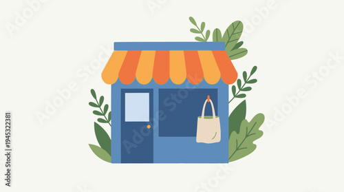 A flat illustration of a small, blue storefront with a striped awning, a door, a window, and a hanging tote bag, surrounded by green leaves.
