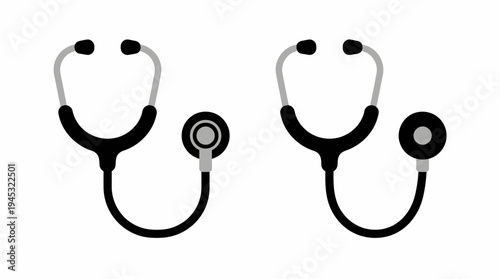 Two black and grey stethoscopes, essential medical diagnostic tools, depicted as simple vector icons on a clean white background.