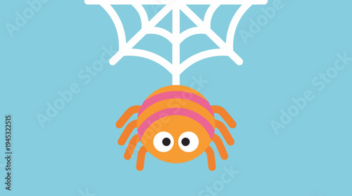 A cute cartoon orange spider with pink stripes hangs upside down from a white spiderweb against a light blue background.