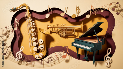 Musical instruments and notes on a heart shaped background with saxophone trumpet and piano