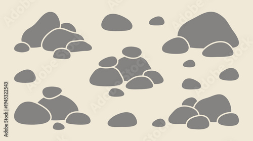 Various piles and individual grey rocks and stones in a simple, flat vector illustration style on a light background.
