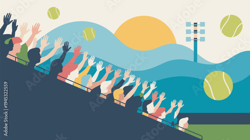 A vibrant crowd of people cheering at a tennis match during a beautiful sunset