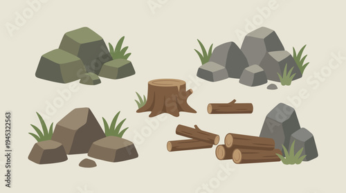 Stylized illustration of various natural elements including rocks, a tree stump, and cut logs with green grass accents.