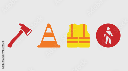 Icons representing various safety and work-related items including an axe, traffic cone, reflective vest, and seatbelt symbol.
