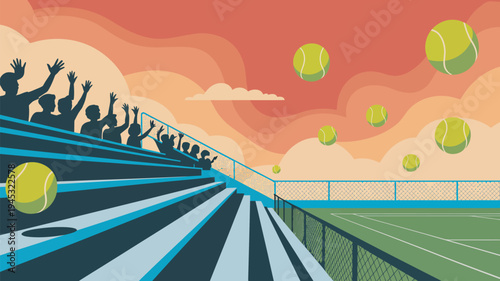 A lively crowd cheers on a tennis match at sunset with flying tennis balls in the air.