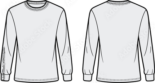 Long sleeve sweatshirt technical sketch front and back view vector template with ribbed cuffs