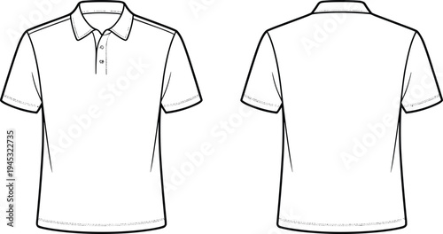 Polo shirt template front and back view vector illustration for fashion design technical drawing blank white polo tee with collar and buttons isolated flat sketch