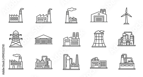 Collection of industrial factory and power plant icons.
