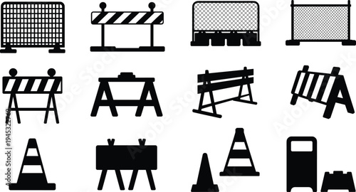 Selection of road safety and construction barriers including cones fences and caution signs