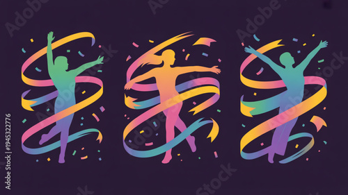 Vibrant dancing silhouettes in colorful swirling ribbons on dark background joyful celebration and freedom concept