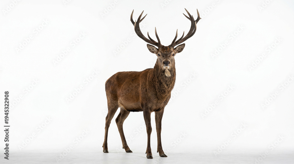Obraz premium Majestic red deer stag with large antlers standing gracefully, showcasing its impressive size and rich brown fur, ideal for nature and wildlife themes. isolated PNG with Transparent Background