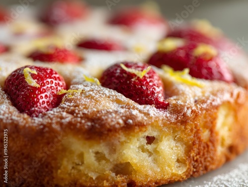 Fresh Baked Strawberry Sponge Cake Dusting Sugar Bright Citrus Zest