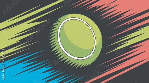 A vibrant green circle with a white outline surrounded by colorful streaks on a black background
