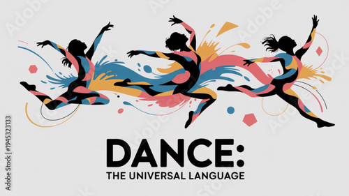 Silhouettes of three dancers in motion with colorful abstract splashes on a light gray background expressing joy and freedom in dance