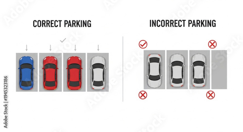 Correct and incorrect parking illustration with cars.