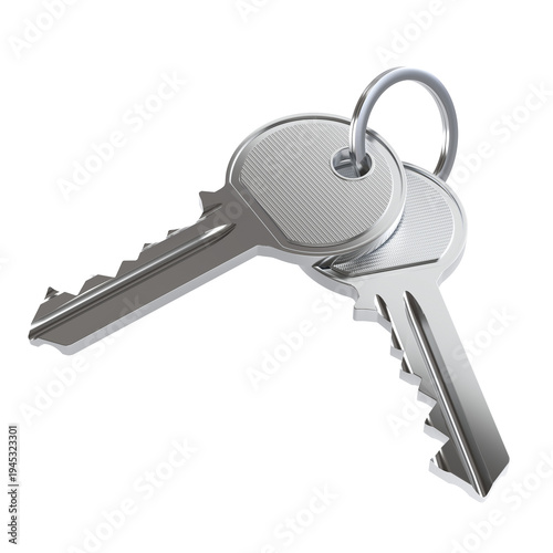 Silver house keys 3d metal keychain isolated